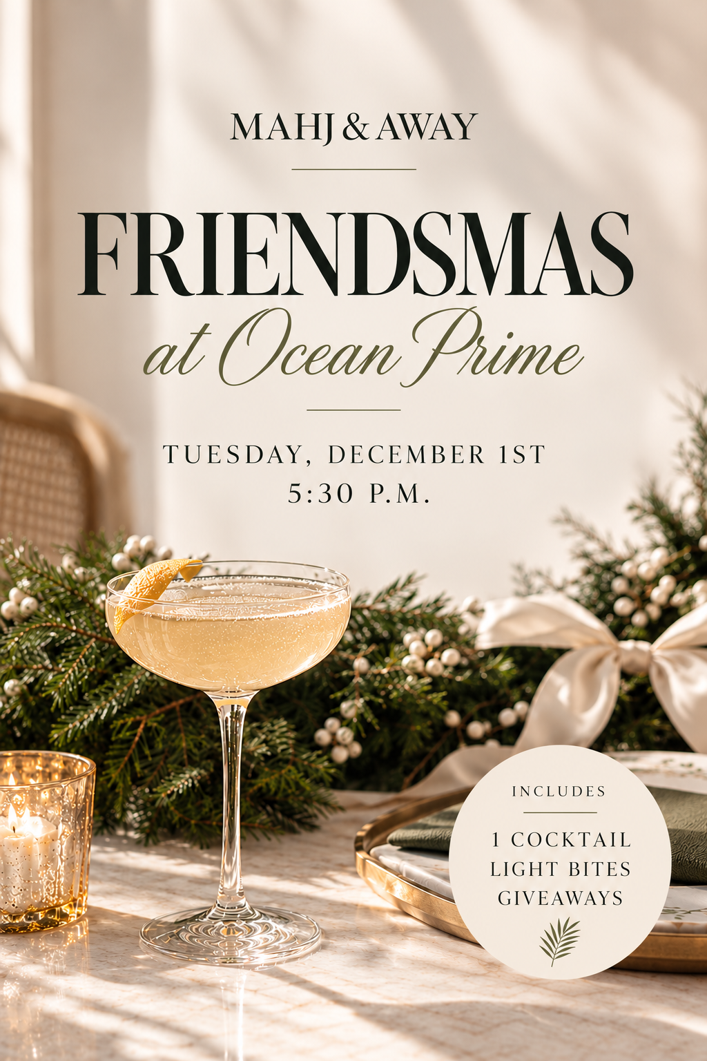 Flyer for Mahjong Night at Ocean Prime FriendsMas · December 1, 2026