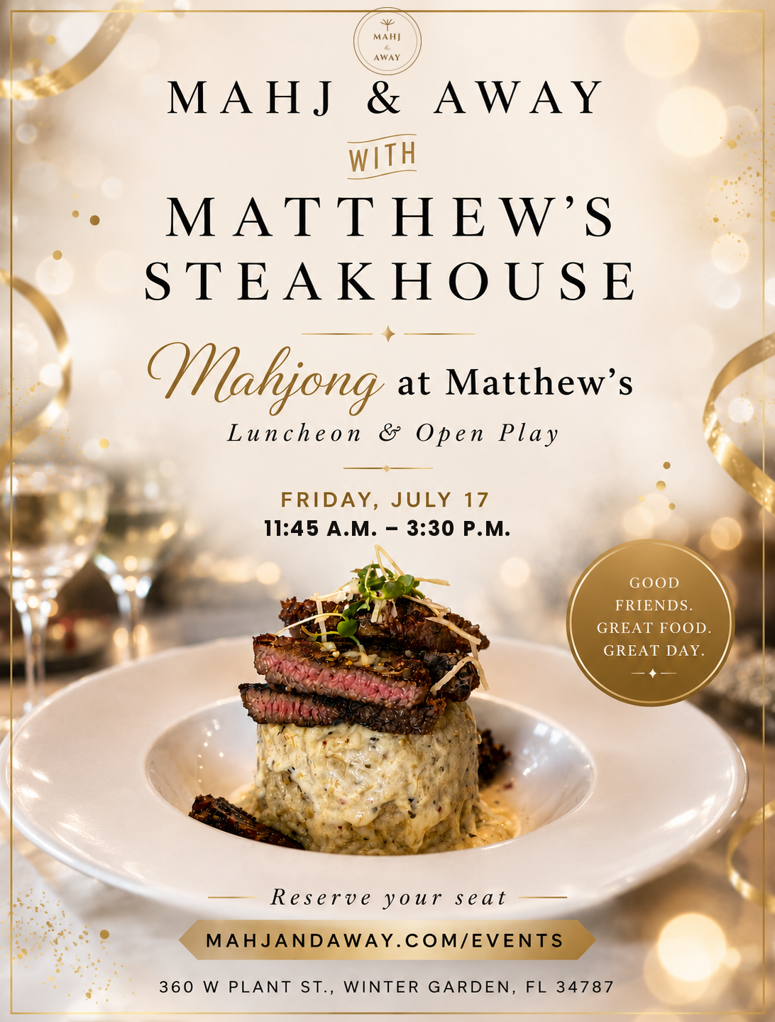 Flyer for Mahjong Night at Matthew's Steakhouse · July 17, 2026