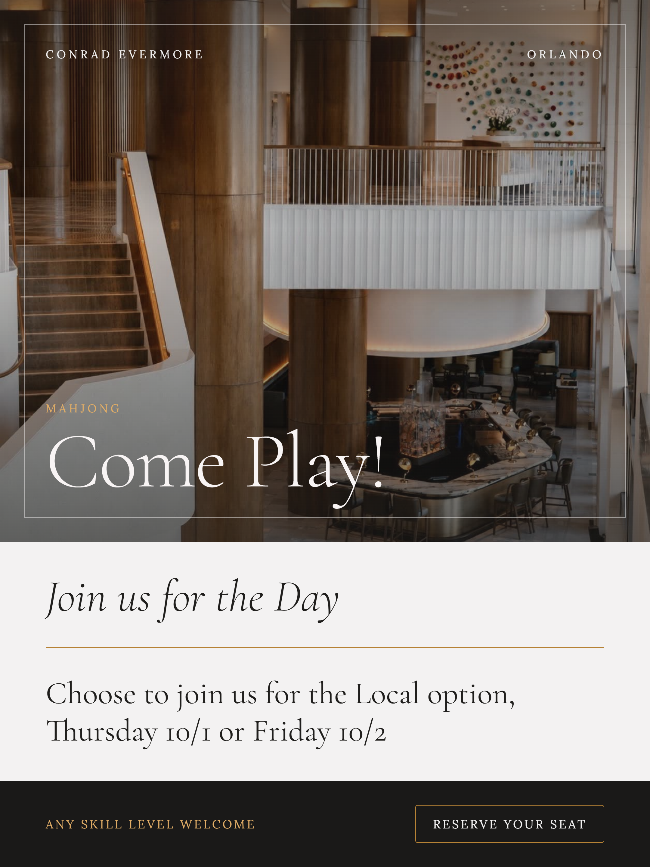Flyer for Mahjong Night at Conrad - Thursday Experience 10/01 · October 1, 2026