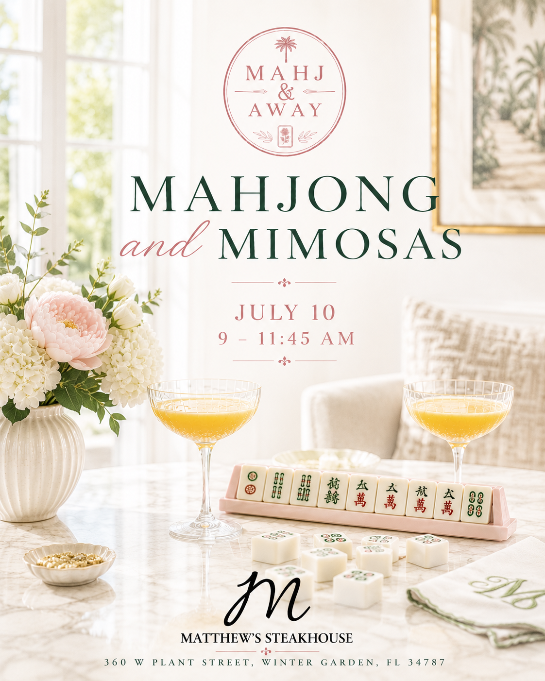 Flyer for Mahjong Night at Matthew's Steakhouse · July 10, 2026