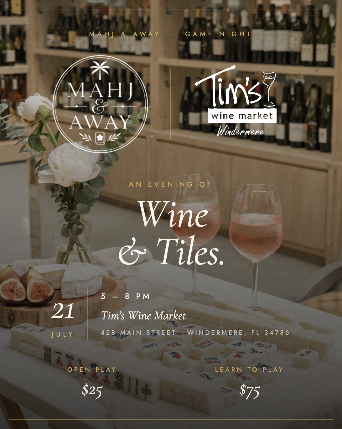 Flyer for Mahjong Night at Tim's Wine Market · July 21, 2026