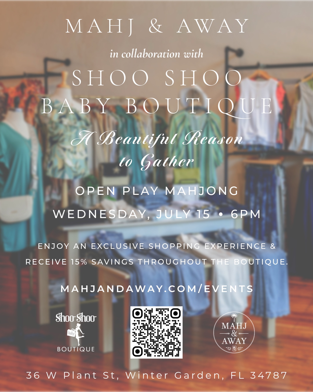 Flyer for Mahjong Night at Shoo Shoo Baby Boutique · July 15, 2026
