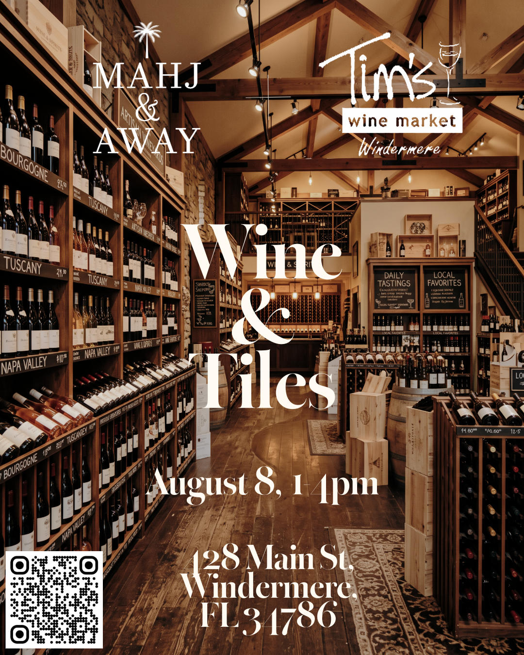 Flyer for Mahjong Night at Tim's Wine Market Windermere · August 8, 2026